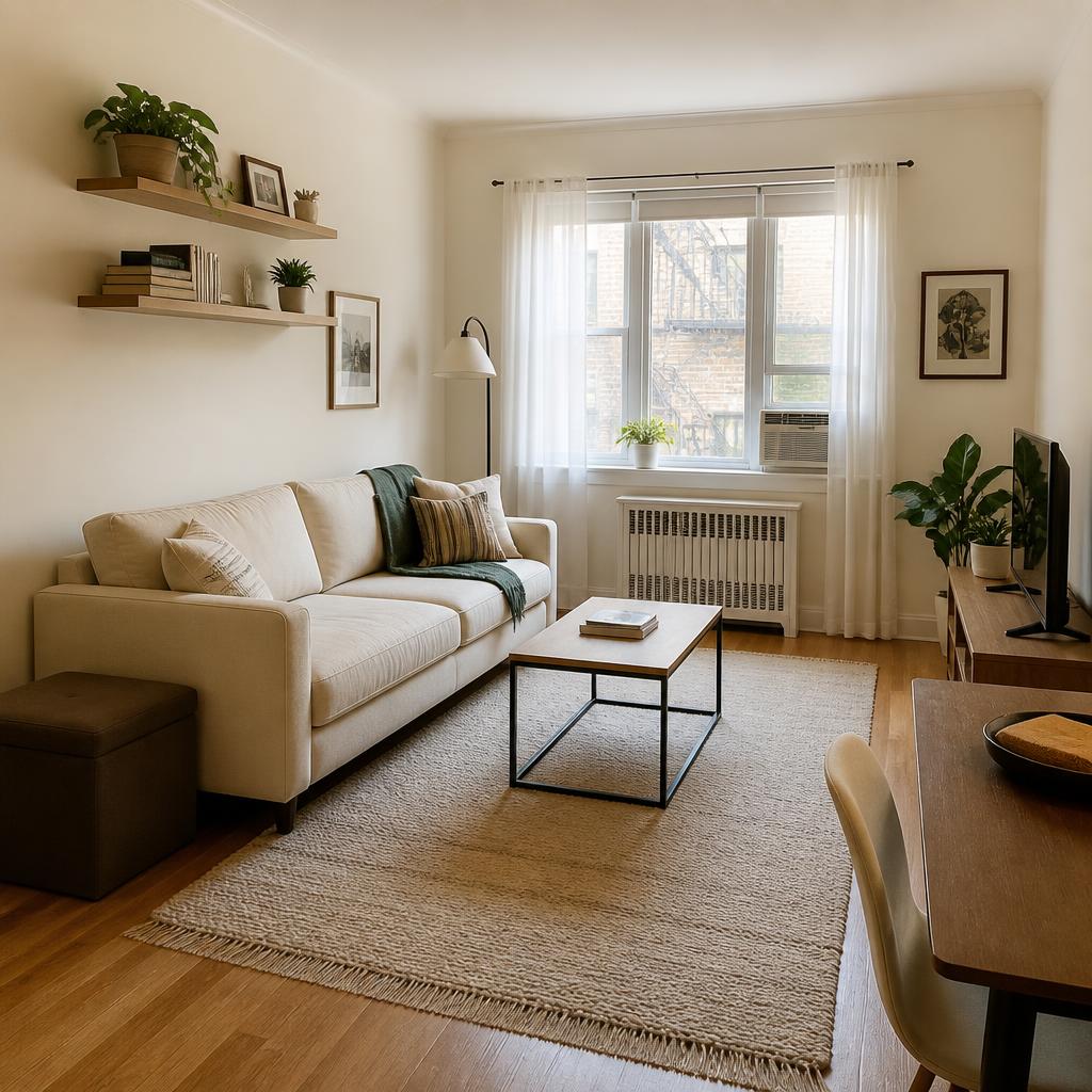 The same style of small living room organized with clear walking space and vertical storage