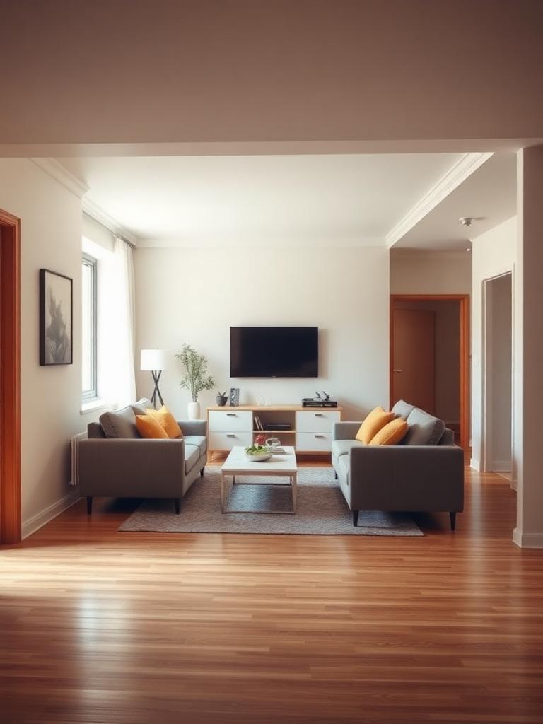 Small living room with sofa and chair facing the same focal wall with open walking space
