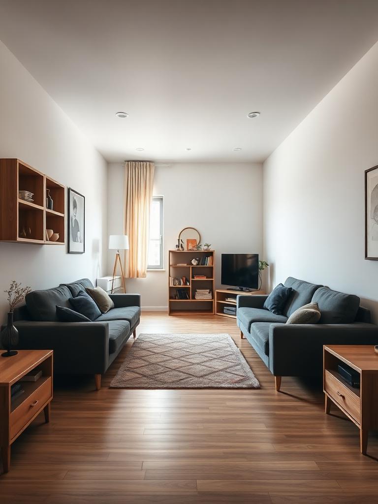 Compact living room with furniture along the edges and an open center walkway