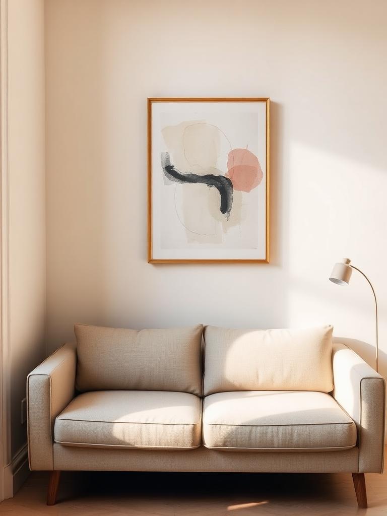 Small living room with a simple sofa and one large artwork on the wall