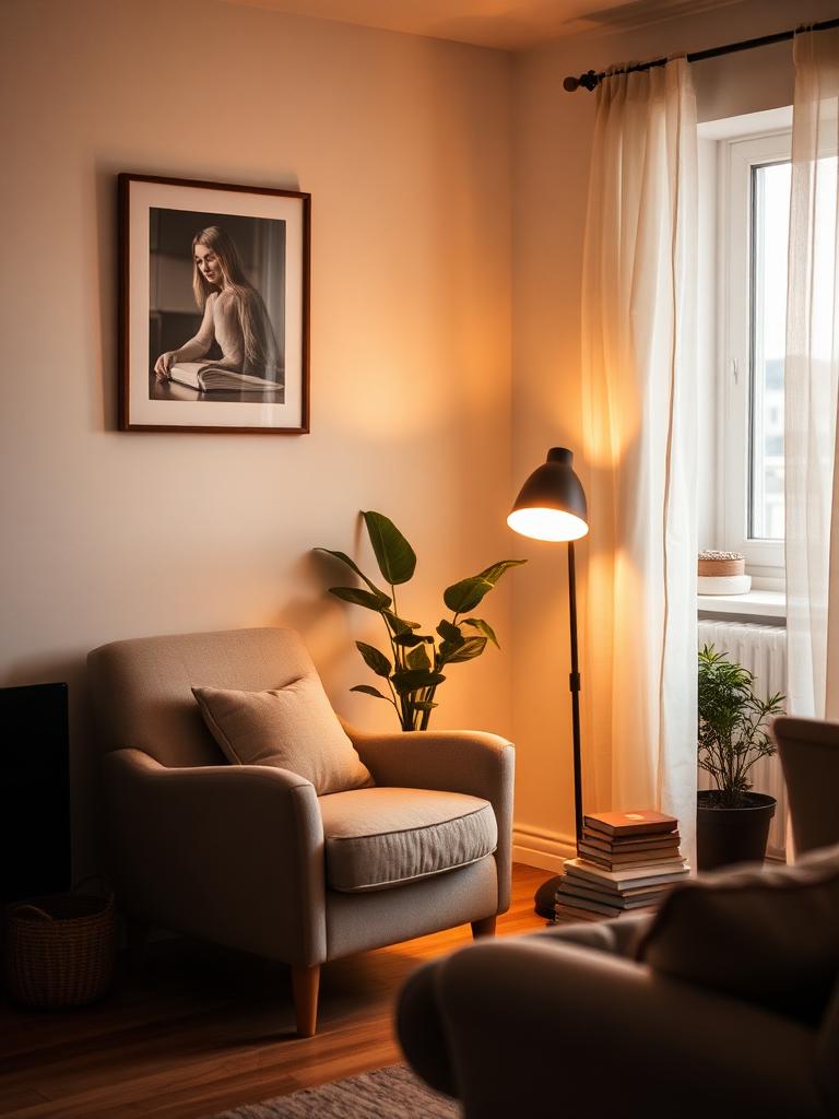 Small living room corner styled as a cozy reading area with a chair and soft lighting