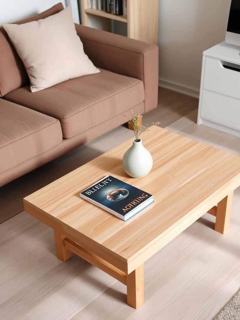 Tidy coffee table with a book and small vase in an uncluttered living room