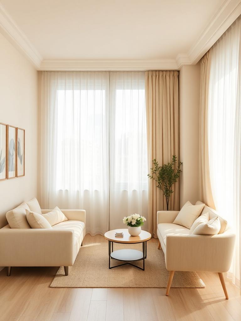 Small living room with light walls, neutral furniture, and natural daylight