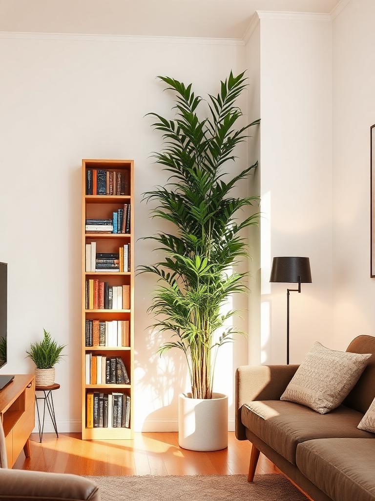 Compact living room with tall shelves and a tall plant leading the eye upward