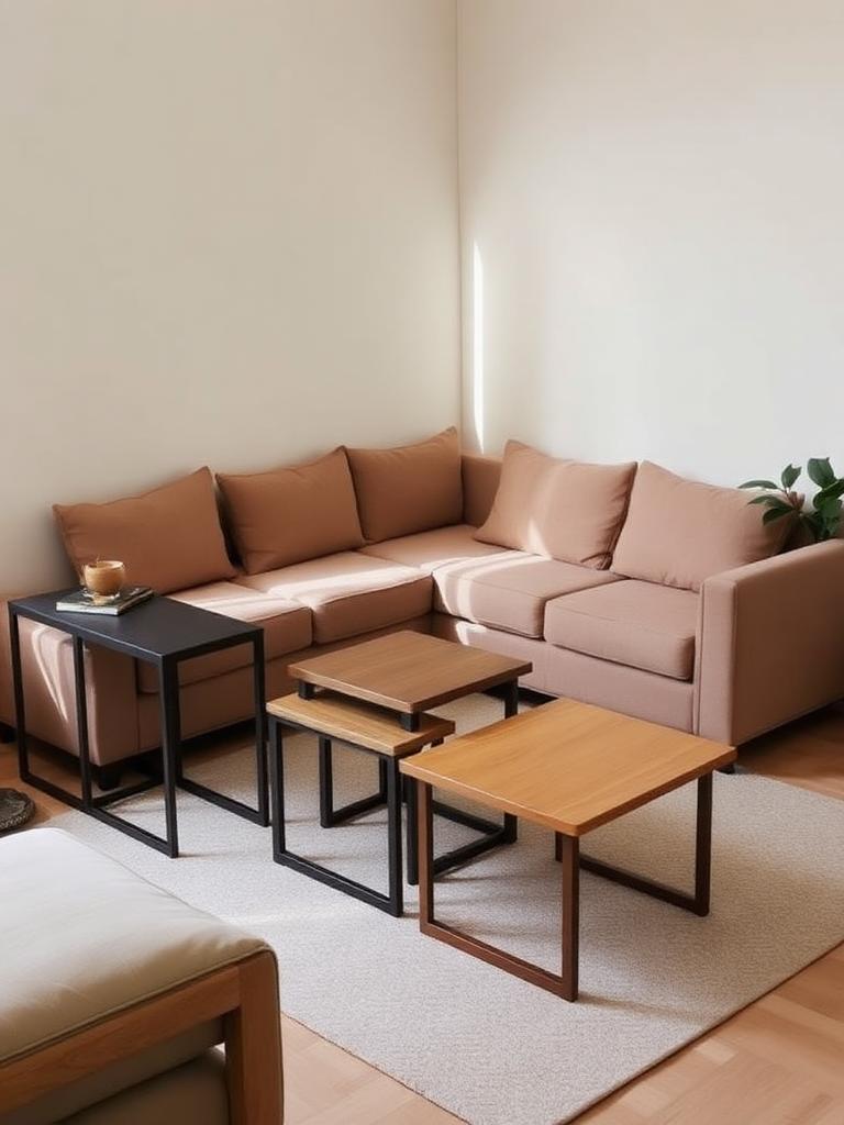 Compact living room with nesting tables beside a small sofa