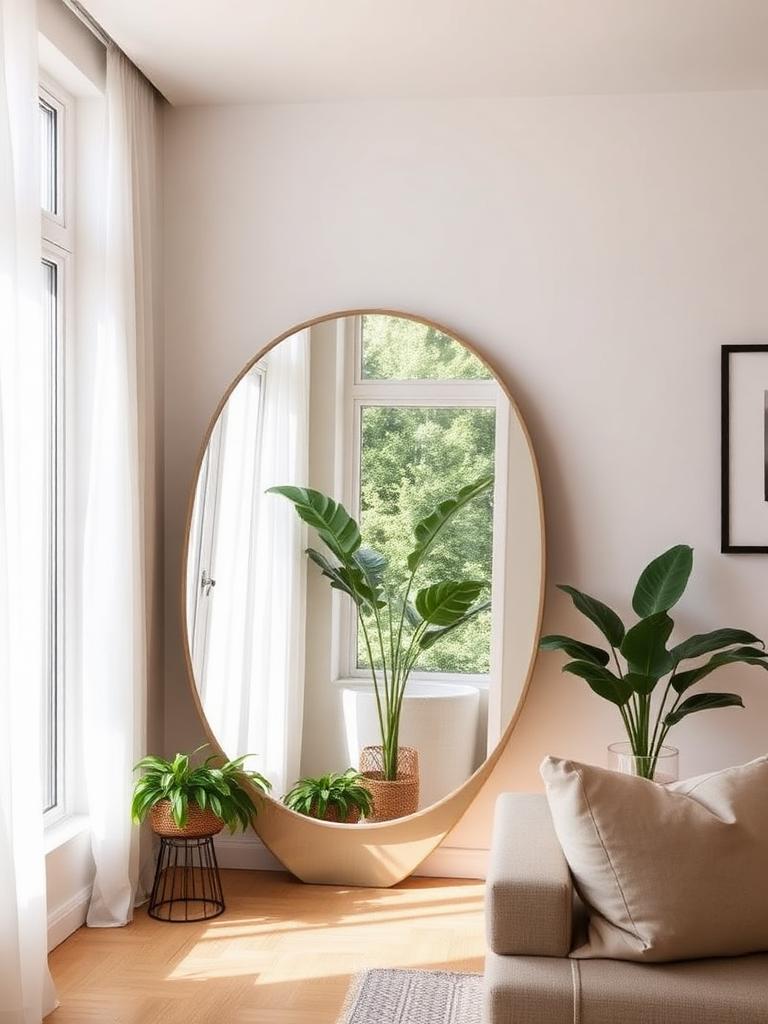 Small living room with a large mirror opposite a window reflecting daylight