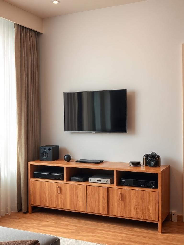 Compact living room with a wall-mounted TV and neatly concealed cables