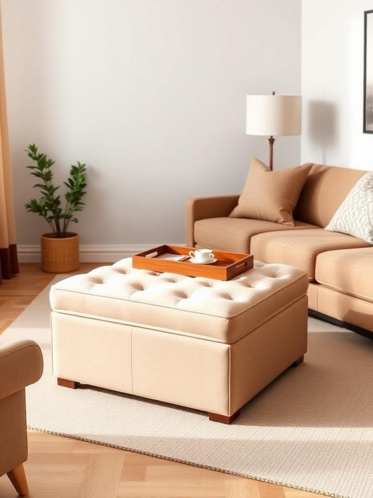 Small living room with a storage ottoman used as seating and hidden storage