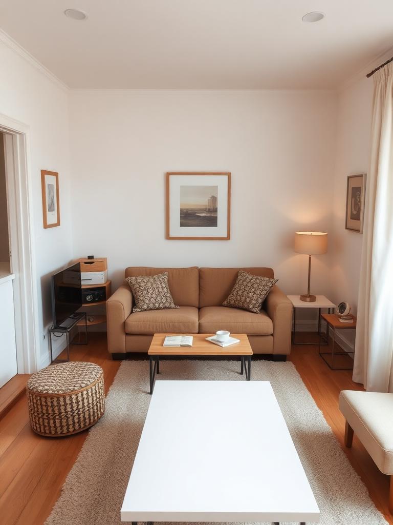 Warm compact living room with a completely clear coffee table and open sofa area