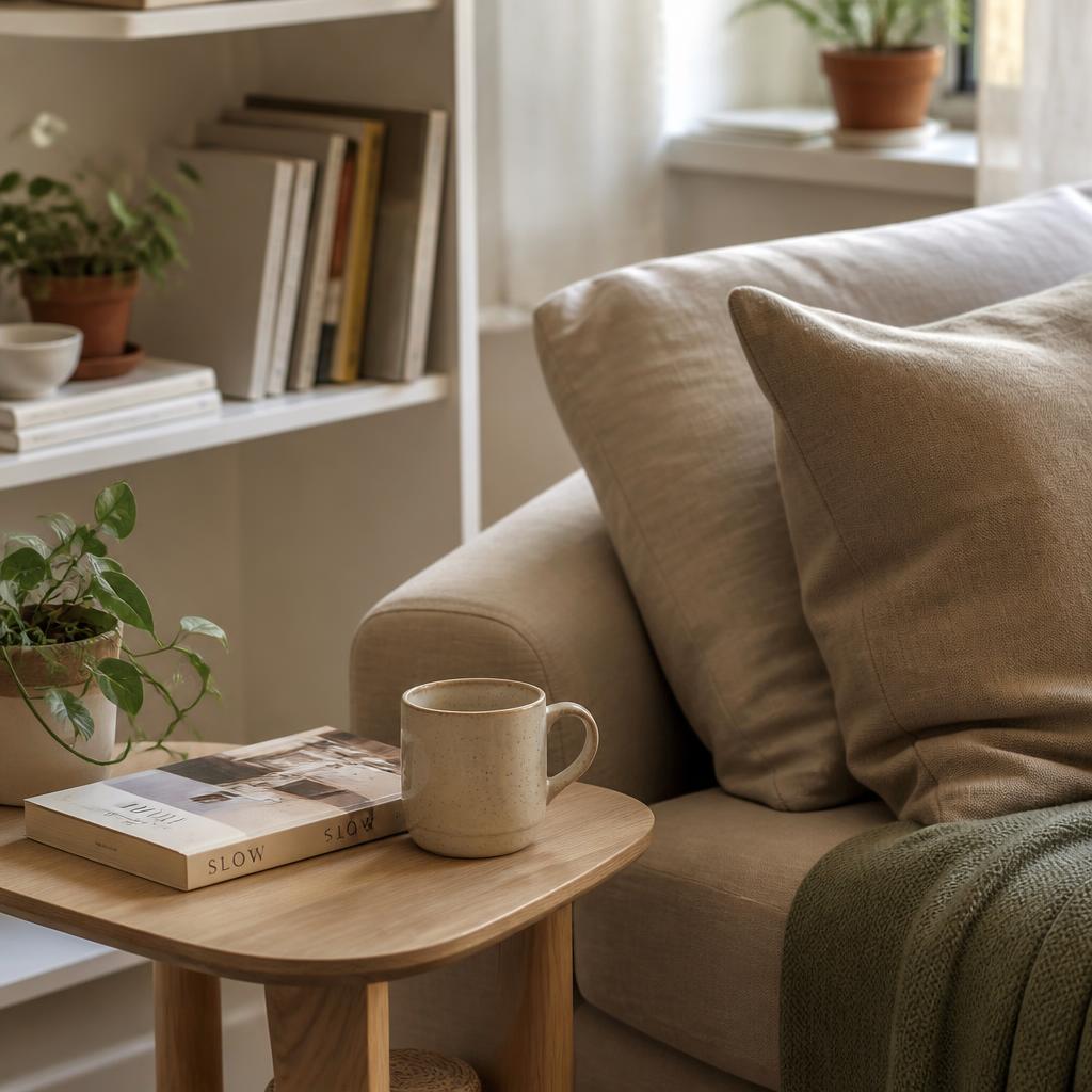 A cozy small living room detail with a wood side table, ceramic mug, book, and linen cushions